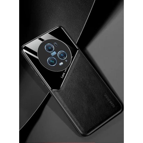 Case Compatible With Honor Magic 5 Pro 5G, Cover Luxury Leather And Glass With Car Magnetic Holder Phone Cover Soft Frame Silicone - Black