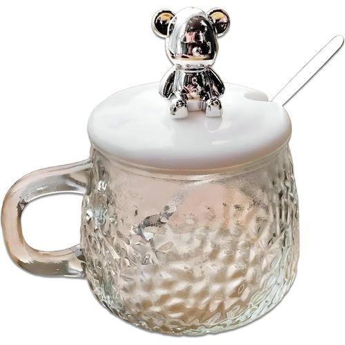 300ml Bear Stylish Mug with Lid and Glass Pattern - Perfect for enjoying Milk Juices Chocolate Mocha Cappuccino Tea and Water 1 Piece