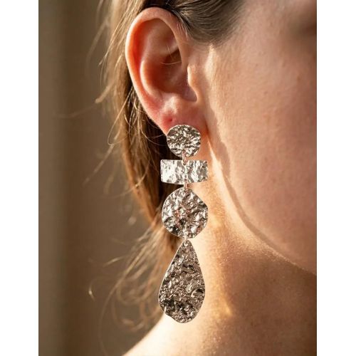 Hammered Geometric Drop Earrings - Silver