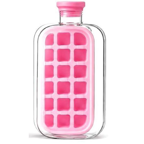 Double ice bottle with modern design, pink color, with built-in silicone ice cube tray.