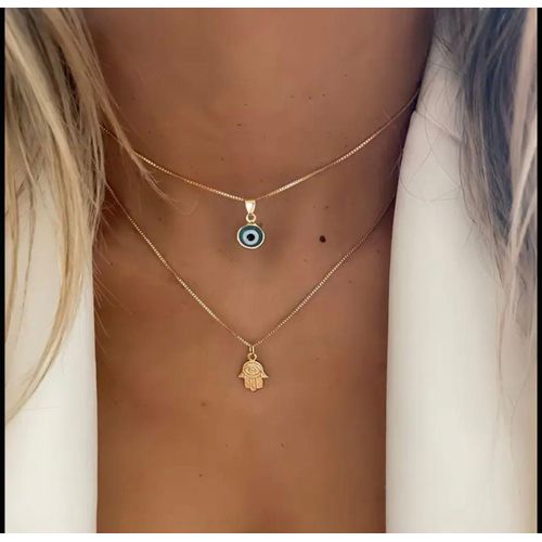 Double Gold Necklace with Evil Eye & Hamsa Hand Pendant