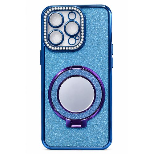 Glitter Case with Mirror Ring Stand & Rhinestone Camera Protection for iPhone 15 Pro Max - Blue