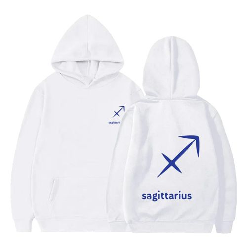 White cotton hoodie with sagittarius zodiac blue Logo