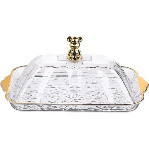Rectangular acrylic cake and pastry storage box with a transparent lid in a teddy bear design Large 35x25cm serving and storage tray for food cakes and tarts Suitable for kitchens and gatherings