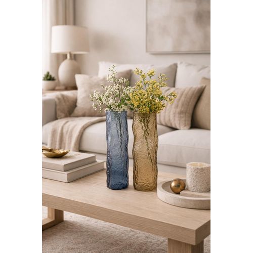 Modern Decorative Flower Vase Set - Amber & Blue - 2 Pieces - Luxury Decor Piece for Office and Home