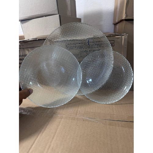 طقم عشاء وتقديم طعام زجاجي مثلث - 18 قطعة 6 كبير 27 سم + 6 متوسط 19 سم + 6 قطع صغيرة 12 سم - تصميم شفاف انيق للضيافة والاستخدام اليومي شوجر فيت فيت