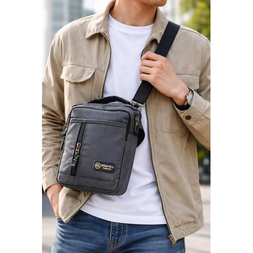 Men's crossbody bag, gray, 5 zippers, multi-pocket, everyday shoulder bag