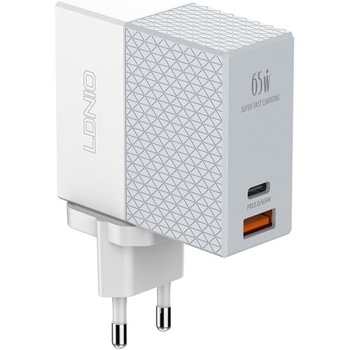 Ldino A2620C Mini Fast Wall Charger 65W with Dual Ports (USB-A & USB-C), Power Delivery for Laptops & Smartphones, Includes 1M Type-C Cable, Compact Design, High-Efficiency Power Output, White Color