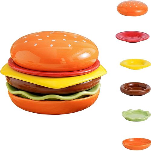 6-Piece Melamine Burger Plate Set, Stackable Burger Shaped Serving Dishes for Sauces, Snacks, Appetizers, Desserts and Nuts, Food Serving Plates