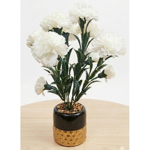 Artificial Flowers White with Green Leaves in Porcelain Vase Gold Black Home Decor