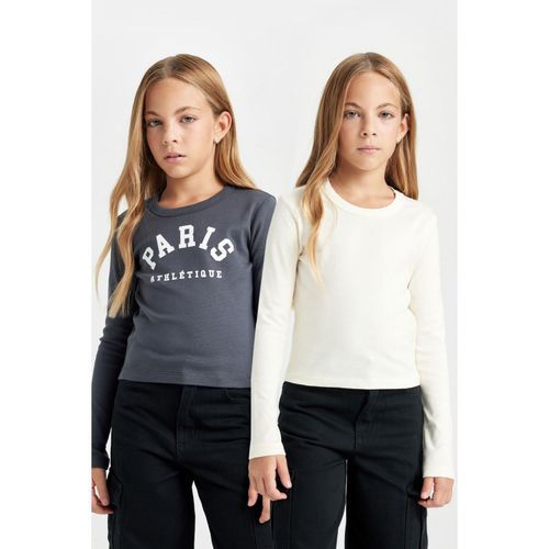 Crop Crew Neck Printed Ribbed Cotton 2-Pack Long Sleeve T-Shirt Girls'