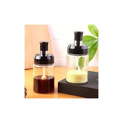 Glass spice and oil jars with built-in spoon and brush lids, heat-resistant spice containers for kitchen storage and organization (9)