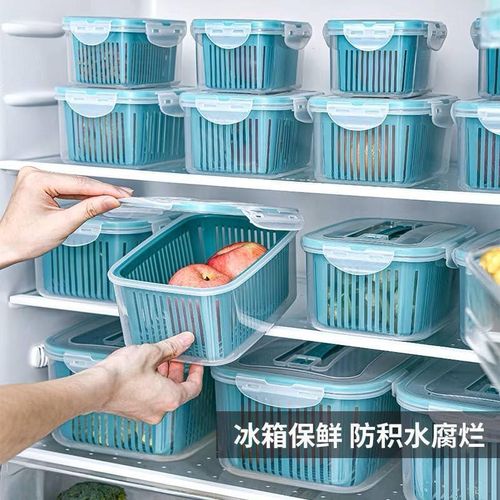 5-piece refrigerator container set with strainer - various sizes - food-grade plastic - fruit and vegetable strainer - airtight lid with ventilation holes - safe -