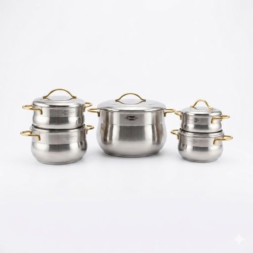 Modern 5-piece stainless steel cookware set with gold handles
