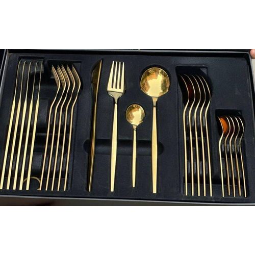 طقم أدوات مائدة من الفولاذ المقاوم للصدأ لعدد 6 أفراد تشمل سكاكين وشوك وملاعق، طقم أدوات مائدة للمطبخ والمطاعم آمن للاستخدام في غسالة الأطباق، ذهبي، 24 قطعة