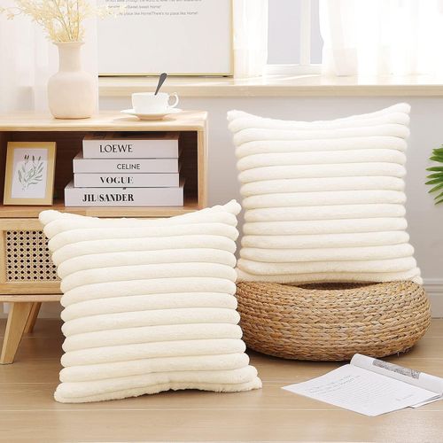 Decorative corduroy fabric cushion covers, soft velvet flannel, double-sided, multi-colored with hidden zipper, 2-piece set (beige, 22*22)