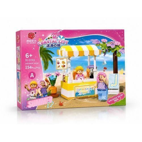 XJ-BLOCK Coastal City Summer Series Sausage Shop Building Blocks Toy Set - Refreshing Summer Beach Kiosk Model Kit with 154 Pieces and Mini Figures for Kids Ages 6+ (Model XJ-9101 A)