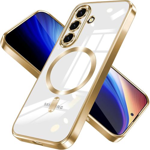 For Samsung Galaxy A37 5G Magnetic Case Compatible with MagSafe Built-in Camera Lens Protector Luxury Plating Soft TPU Clear Shockproof Slim Thin Cover Gold