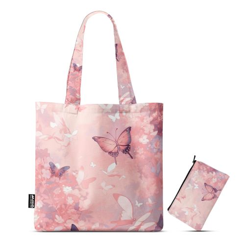 شنطة توتي باج عصرية مطبوعة بتصميم مميز - Size 38 * 40 Cm - مع حقيبة صغيرة - Pinky Butterfly TB/710