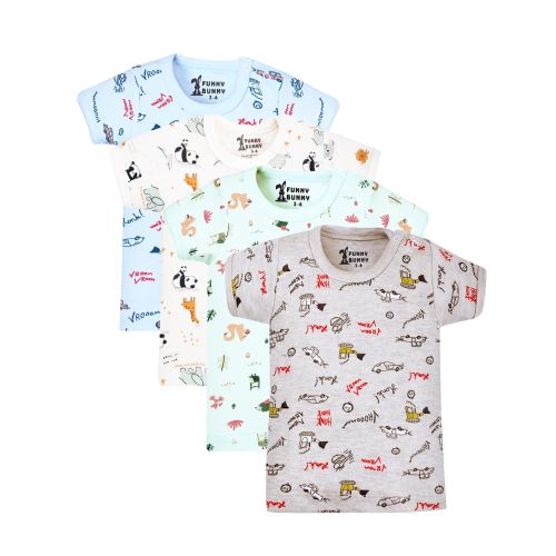 Funny Bunny Pack of 4 Cotton Short Sleeve Undershirt for Baby Boy (Printed Colors)