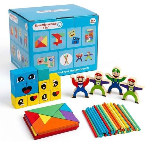 5-in-1 Montessori Educational Toy Set for Toddlers – Wooden Tangram Puzzles, Epression Building Blocks, Counting Sticks & Balancing Figures – STEAM Learning Gift for Kids 36+ Months