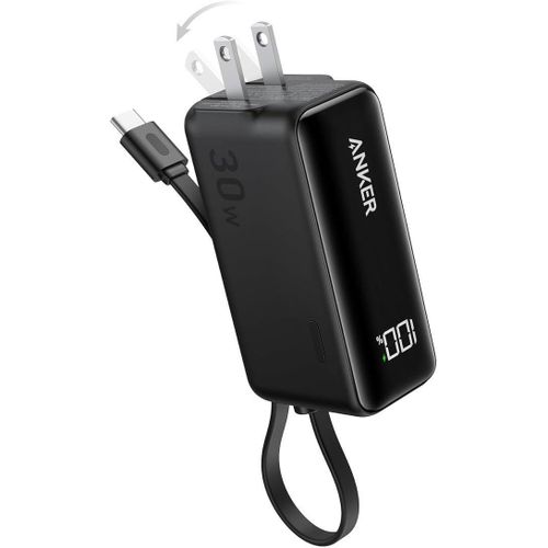 Anker Portable 3-in-1 Power Bank (30W, Fusion, Built-In USB-C Cable) with Digital Display, Simultaneous Dual-Device Charging Compatible with Samsung Smartphones and other Android Devices - Black