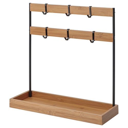 Utensil rack An NÅLBLECKA bamboo kitchen organiser with black metal hooks and shelves, ideal for storing kitchen utensils and spices.