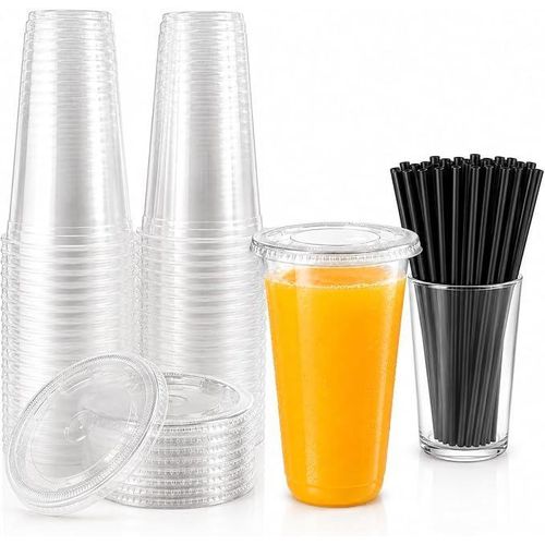 Combo Set, 25 Clear Plastic Cups, 22oz 600ml, 25 Black Straws, Flat Lid