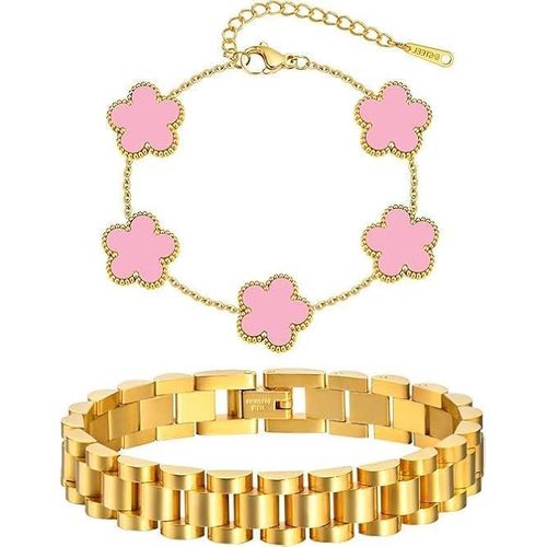 Set of gold bracelets with stackable flower design - two pieces of stainless steel bracelet that does not lose its shine, stainless steel friendship bracelet, watch bracelet,
