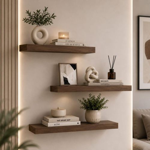 Modern 3-piece floating wall shelf set – Natural brown. Decorative wooden shelves for organizing antique books, collectibles, and plants – suitable for educational, bedroom, and office use.