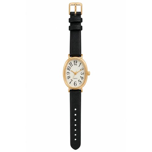 Women Quartz Watch Vintage Oval Gold Case Black Leather Strap m10