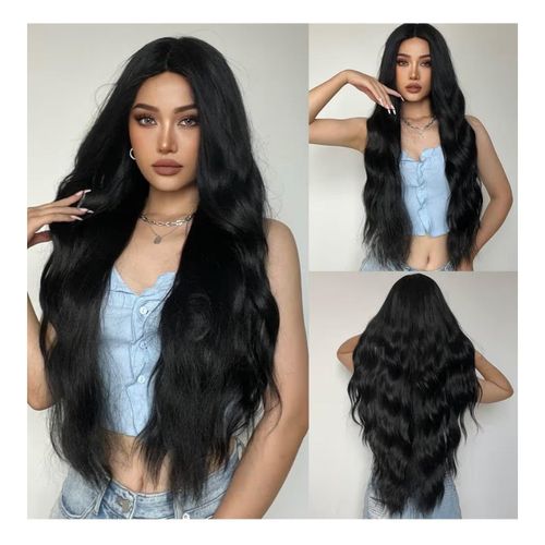 A long, wavy wig made of thermal fiber for women in black