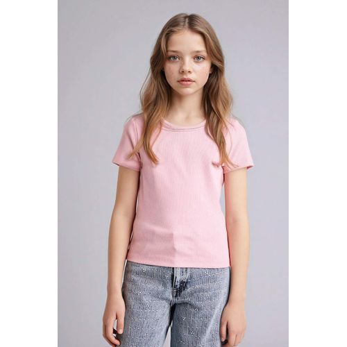 Girl Boat Neck Ribbed Short Sleeve T-Shirt