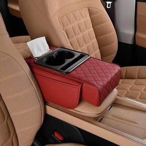 Armrest Pillow - Thick comfortable pillow with cup holder and napkins for car console and center armrest, multi-color organizing bag and black double cup holders