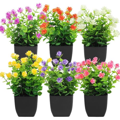 Pack of 6 Artificial Flowers 7.48 Inch Artificial Plant Plastic Flowers with Black Pot Mini Green Plants Artificial Flowers for Outdoor Bedroom Table Bathroom Decoration