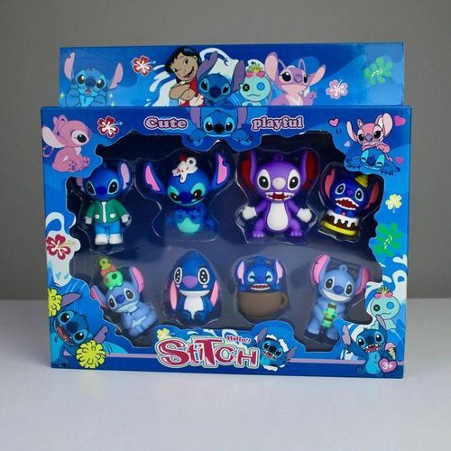 Cute blue alien figurine set of 8 figures, chibi design with built-in hanging loops, made of safe and non-toxic PVC, perfect for decorating desks, cakes or bags, a great gift for kids and collectors (shape may vary)