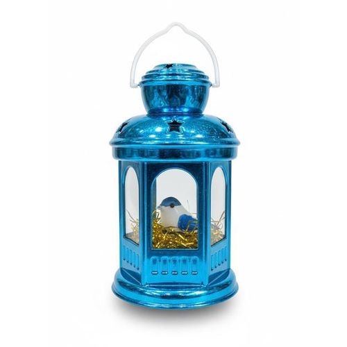 فانوس معدني مزخرف، أزرق، مع تمثال طائر، شكل سداسي، مقبض للتعليق، ديكور منزلي