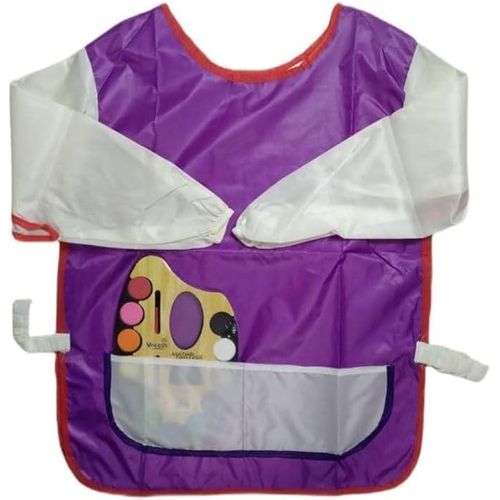 Kids Waterproof Long Sleeve Painting Smock Apron with 2 Front Pockets for Ages 3 to 12 + Watercolor Palette - Purple & White