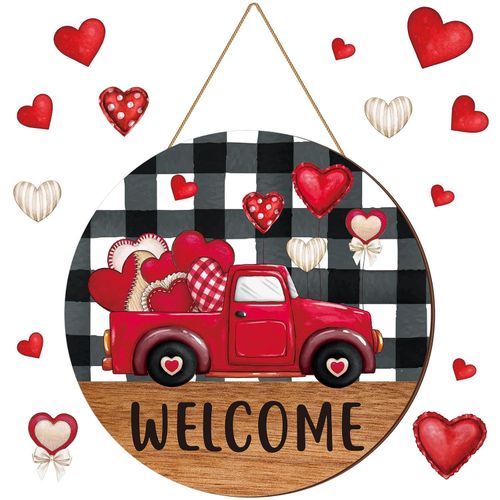 Valentine's Day Wooden Sign Hanging Door Sign Red Truck Heart Welcome Farmhouse Valentine's Day Decor White Black Buffalo Plaid Valentines Wall Decorations for Home Anniversary Wedding Party