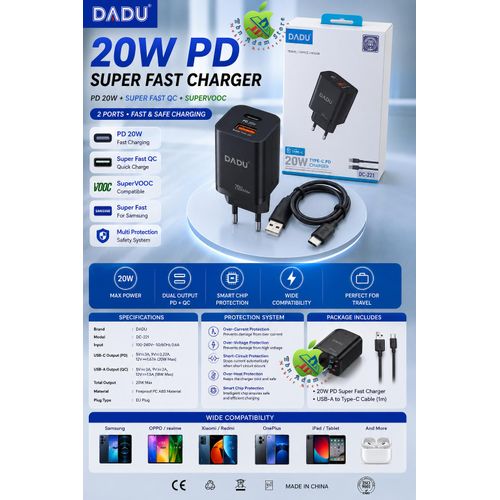 DC-221 Premium 20W Superfast Charger with Type-C Cable, Support SuperVooc & QC (PD & USB) Ports