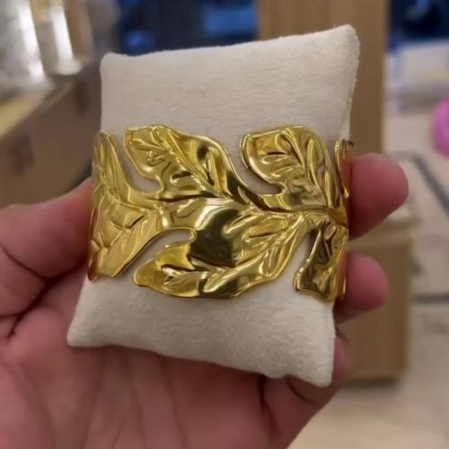 Gold-Plated Stainless Steel Wide Laurel Leaf Cutout Statement Cuff Bangle
