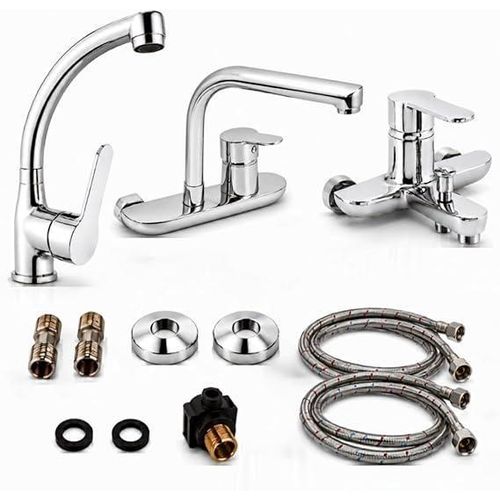 3 Piece Luxury Kitchen and Bathroom Mixer Set - Kitchen Mixer + Basin Mixer + Complete Shower Set - Modern Elegant Design - Brass Centerpieces and Nuts - 3.25 Kg