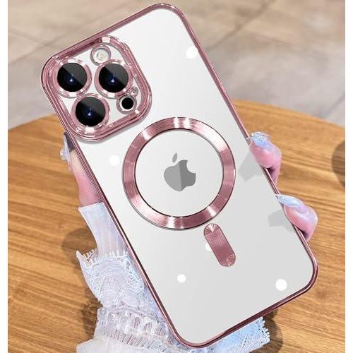 ten.tech Case for iPhone 14 Pro Max (6.7 Inch) MagSafe with Camera Lens Protector,Magnetic Clear Case Full Protection Plating Anti-Scratch Slim Thin Case Cover - Rose Gold