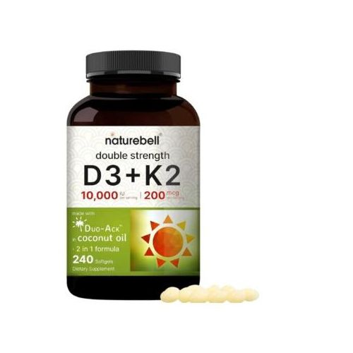 Vitamin D3 K2 (10,000 IU Vitamin D + 200mcg Vitamin K MK-7) 240 Softgels with Coconut Oil for Complete Absorption Bone, Heart, Immune, & Calcium Support One a Day, Non-GM