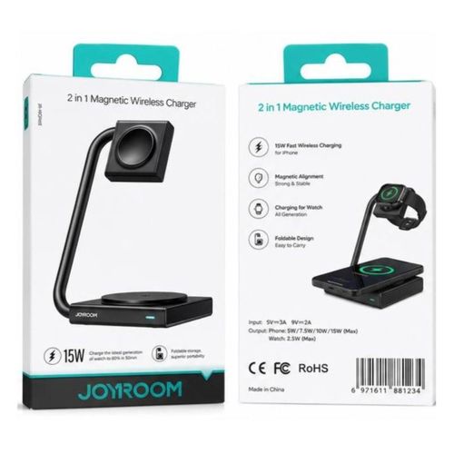 2 in 1 Magnetic Wireless Charger Stand 15W, Foldable Storage Charging Dock Compatible with iPhone, Apple Watch & AirPods - Black (Model JR-WQN05)