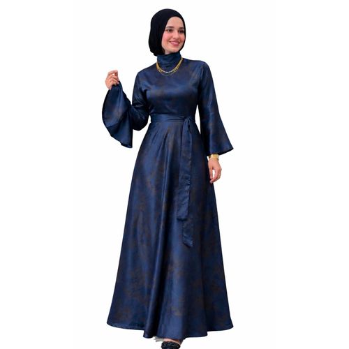 فستان ستان أرماني بأكمام واسعة مع حزام منفصل - لون أزرق أنيق