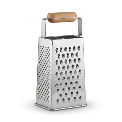 4-sided square grater made of stainless steel with a comfortable wooden handle - practical, versatile, and rust-resistant for everyday use.