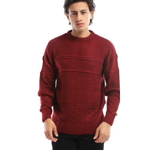 Textured Knit Crew Neck Burgundy Pullove... - (999)