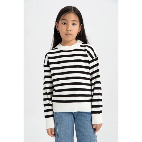 Girls' Standard Fit Crew Neck Striped Knit Sweater