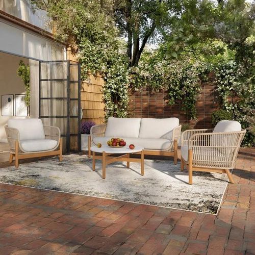 4-Piece Luxury Wooden Outdoor Rattan Sofa Set with Round Coffee Table Modern Garden Patio Woven Furniture Set (Sofa, 2 Armchairs & Table)